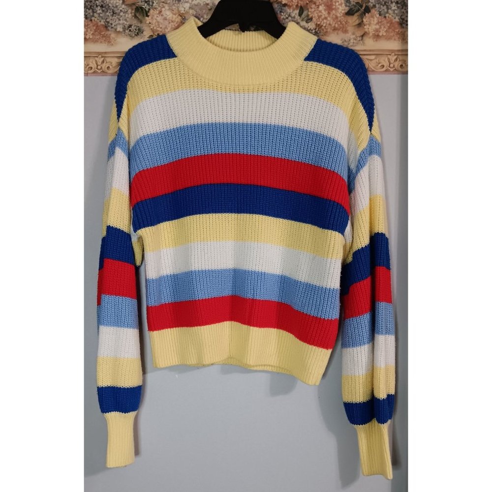Monki Small Strip Colorful Casual Knit Statement Comfy Pullover Sweater